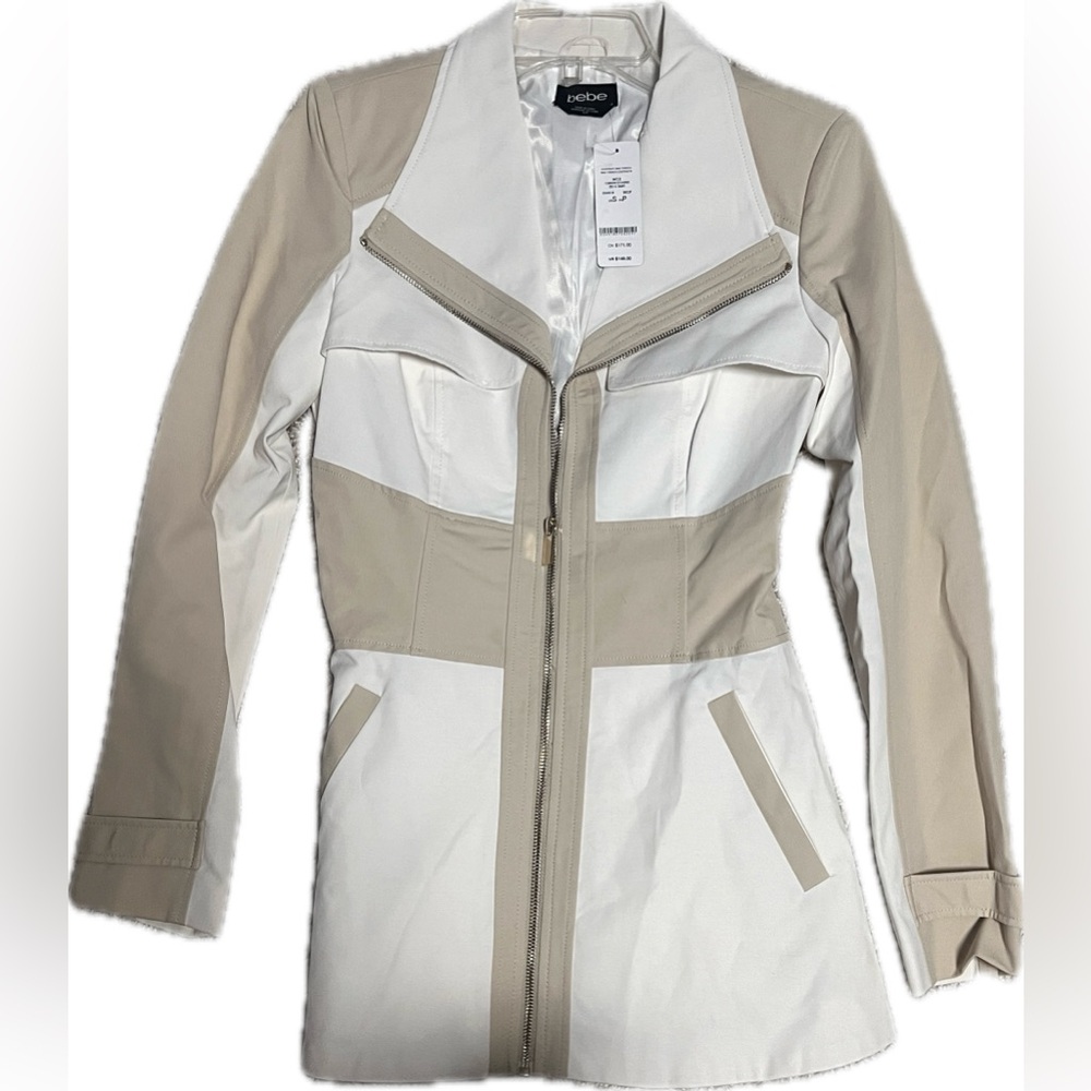 NWT $149 BEBE trench tan beige cream colorblock peplum flare trench jacket S - Picture 3 of 7